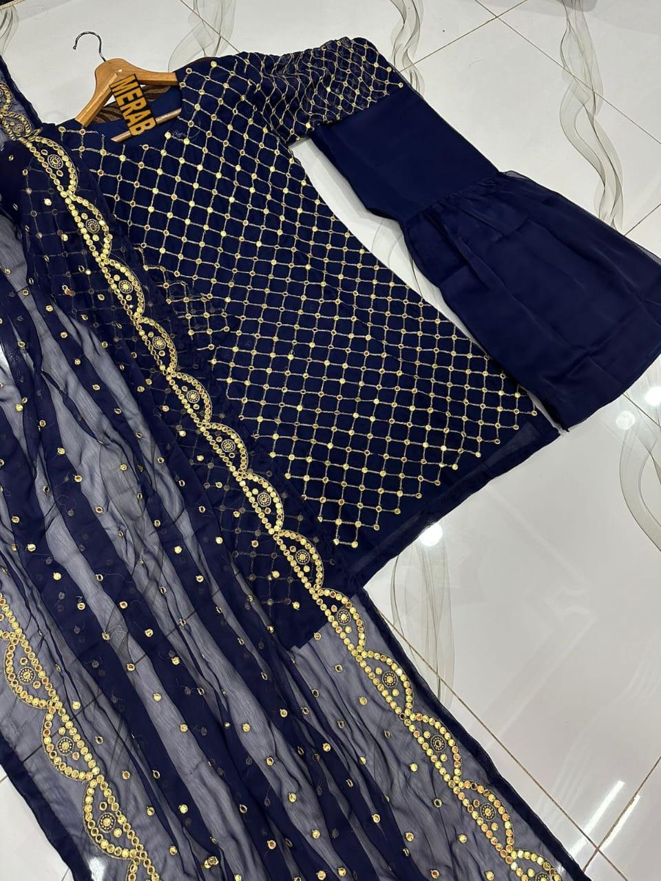 3 Pcs Women's Stitched Mirror Work Suit
